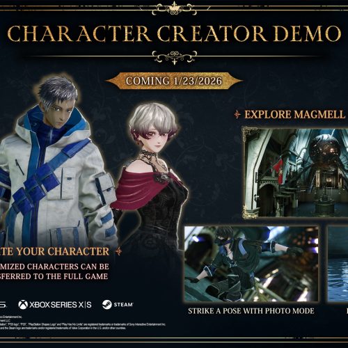 Imagem promocional de Code Vein II destacando a demo do criador de personagens, com três personagens personalizáveis, cenários do Instituto MagMell, modo foto e data de lançamento da demo em 2026.