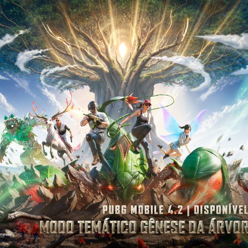 Ilustração oficial de PUBG Mobile mostrando o modo temático Gênese da Árvore Primordial, com personagens em combate, criaturas mágicas e a Árvore Primordial ao centro do cenário.