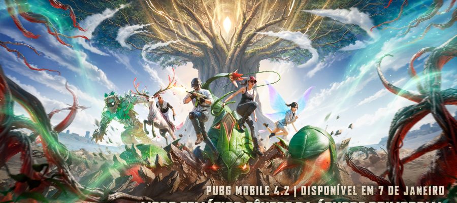 Ilustração oficial de PUBG Mobile mostrando o modo temático Gênese da Árvore Primordial, com personagens em combate, criaturas mágicas e a Árvore Primordial ao centro do cenário.