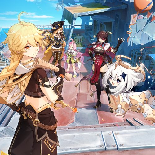 Cena promocional de Genshin Impact com personagens reunidos em um cenário festivo próximo ao mar, com balões coloridos, céu azul e ambiente vibrante, destacando o Viajante e Paimon em primeiro plano.