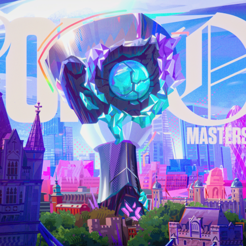 Arte promocional do VALORANT Masters 2026 mostra o troféu do torneio no centro de Londres com visual futurista em tons neon azuis e roxos.