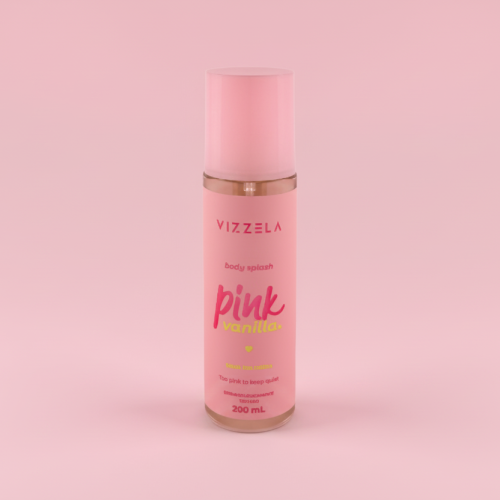 Body Splash Pink Vanilla da Vizzela em embalagem rosa, fragrância corporal leve com toque de baunilha, produto vegano e cruelty-free.