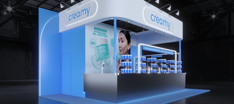 Estande da Creamy na Beauty Show 2026 com iluminação azul, exposição de dermocosméticos e destaque para o lançamento do hidratante Creamy Hydragel Oil Control.