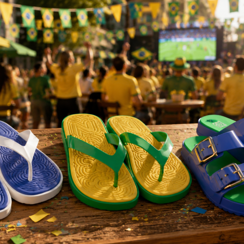 Modelos Zaxy inspirados nas cores da bandeira brasileira são exibidos sobre uma mesa de madeira durante uma celebração de futebol. A imagem destaca chinelos nas combinações azul e branco, verde e amarelo, além de uma sandália slide azul e verde, enquanto bandeirinhas e torcedores ao fundo reforçam o clima festivo dos dias de jogo.