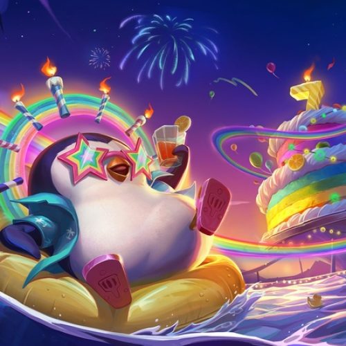 Teamfight Tactics celebra 7 anos com arte temática da Festa do Pingu, trazendo fogos, bolo gigante e clima festivo no TFT.