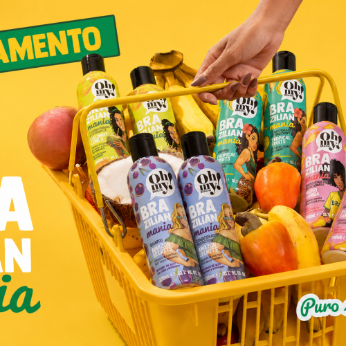 Cesta amarela com produtos da coleção Oh My! Brazilian Mania, frutas tropicais e campanha inspirada na diversidade brasileira.