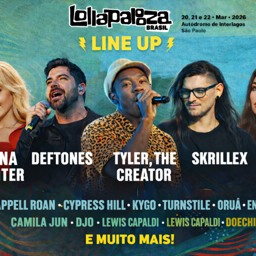 Arte promocional do Lollapalooza Brasil 2026 destaca Sabrina Carpenter, Deftones, Tyler, The Creator, Skrillex e Lorde como atrações do festival em São Paulo.