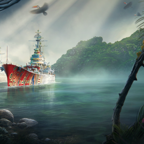 Imagem de navios de guerra em World of Warships: Legends navegando em cenário tropical com floresta ao fundo e luz suave sobre a água.