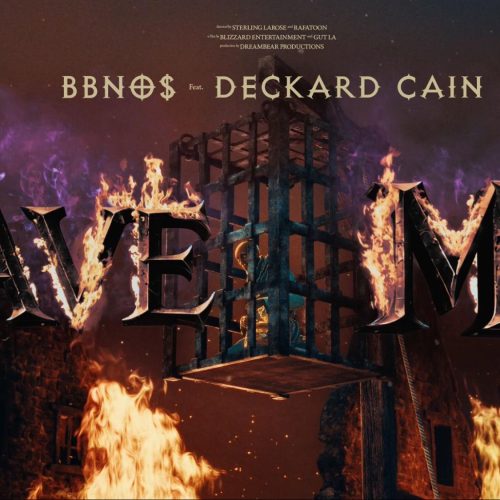 Arte promocional da Blizzard Entertainment para a música “Save Me”, com letras em chamas, cenário sombrio inspirado em Diablo e jaula suspensa no centro.