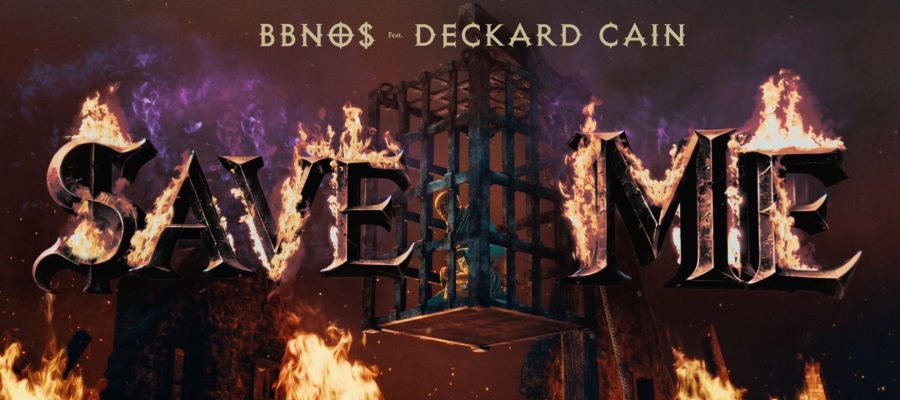 Arte promocional da Blizzard Entertainment para a música “Save Me”, com letras em chamas, cenário sombrio inspirado em Diablo e jaula suspensa no centro.