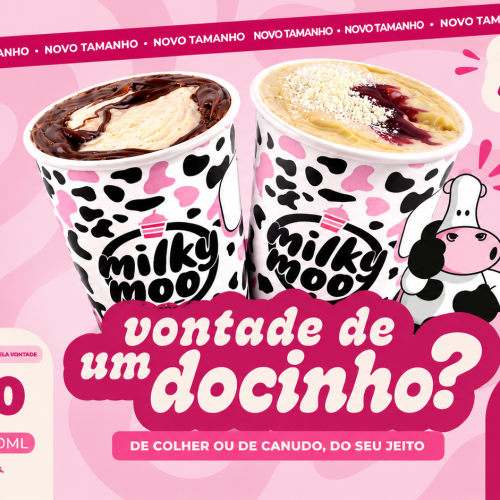 Banner promocional da Milky Moo em tons de rosa apresenta dois copos de sobremesa de 180ml com estampa de vaquinha, sabores cremosos e destaque para a oferta de R$12,90. A arte da Milky Moo traz tipografia divertida, fundo com formas orgânicas e identidade visual moderna inspirada em campanhas de doces e milkshakes.