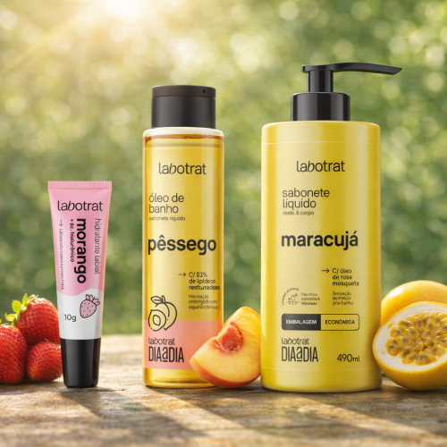 Labotrat linha Dia a Dia com hidratante labial morango, óleo de banho pêssego e sabonete líquido maracujá sobre superfície de madeira com frutas frescas ao redor e fundo verde desfocado.