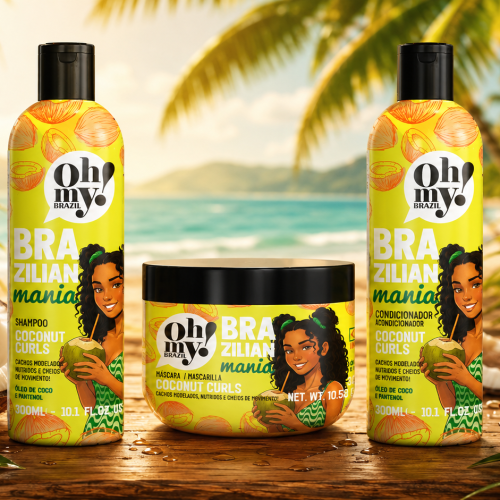 Kit completo Oh My! Brazilian Mania Coconut Curls com shampoo, condicionador e máscara em cenário tropical com cocos, flores e praia ao fundo, reforçando a proposta de nutrição e definição dos cachos.