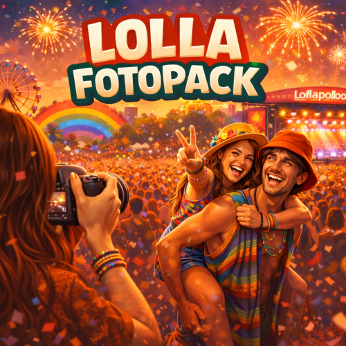 Casal posa para foto durante o festival Lolla, com palco iluminado ao fundo, público animado, fogos de artifício e clima de celebração no Lollapalooza.